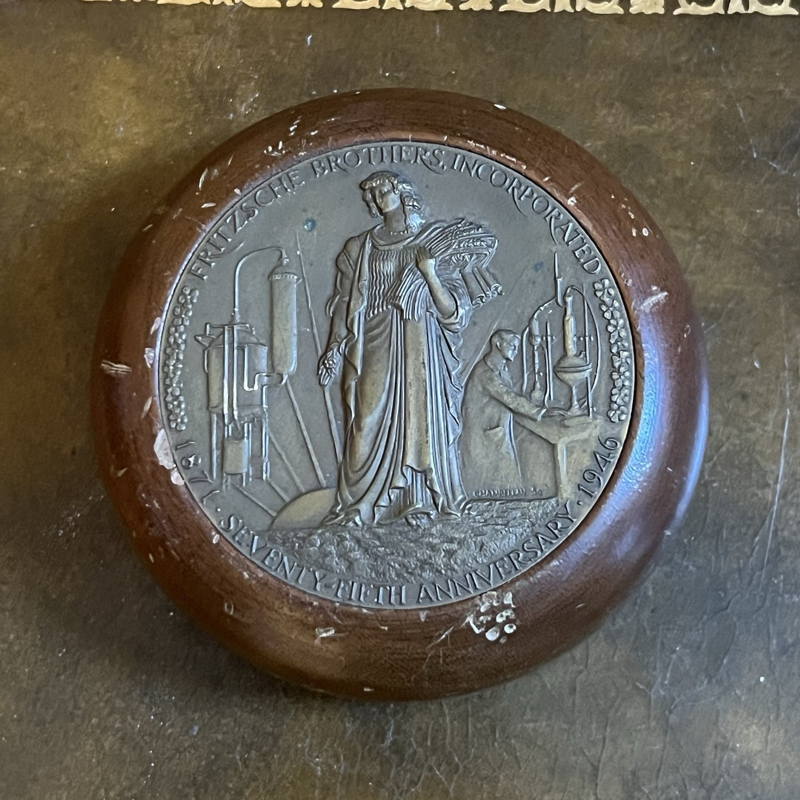 Vintage Fritzsche Brothers 75th Anniversary Bronze Medallion Paperweight 1946
