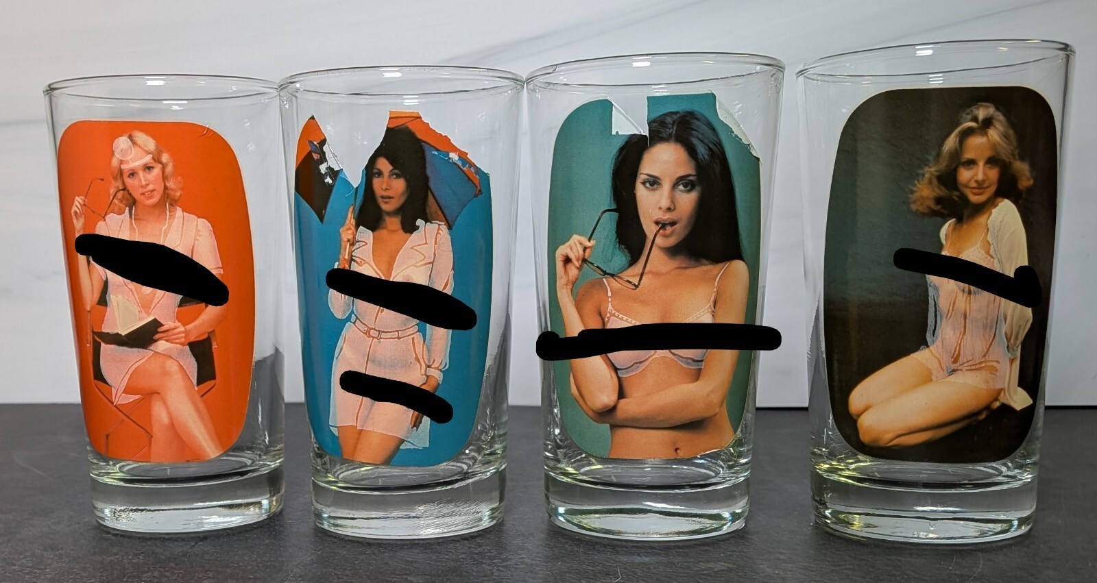 Vintage 1970s Barware Novelty Pinup Girl Risque Tumbler Glasses Set of 4