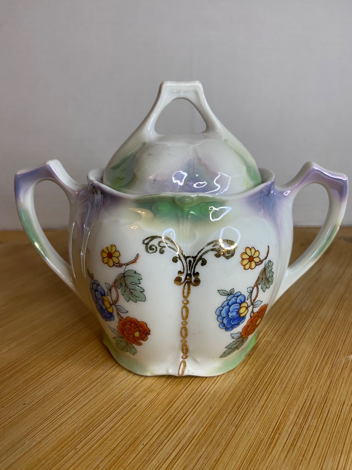 Antique German Lusterware Sugar Bowl with Lid Floral Iridescent Porcelain 4.5”
