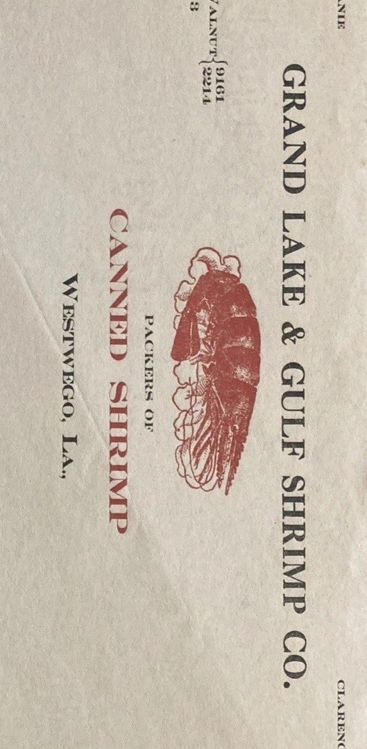 Grand Lake & Gulf Shrimp Co Westwego LA Billhead Packers Of Canned Shrimp