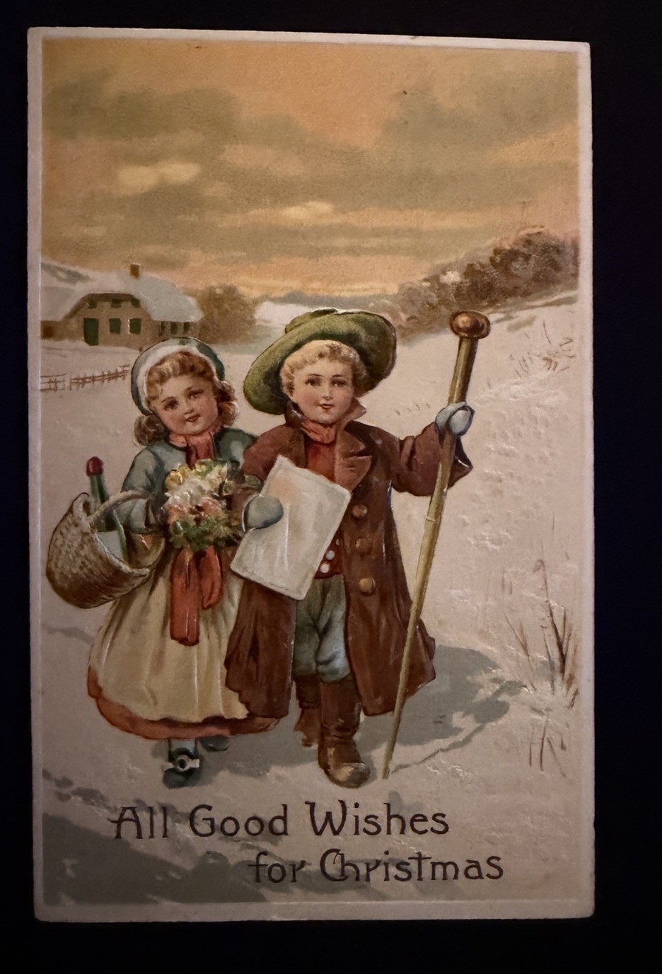Christmas~Children in Snow with Gifts~Antique Embossed PFB Holiday~Postcard~s949
