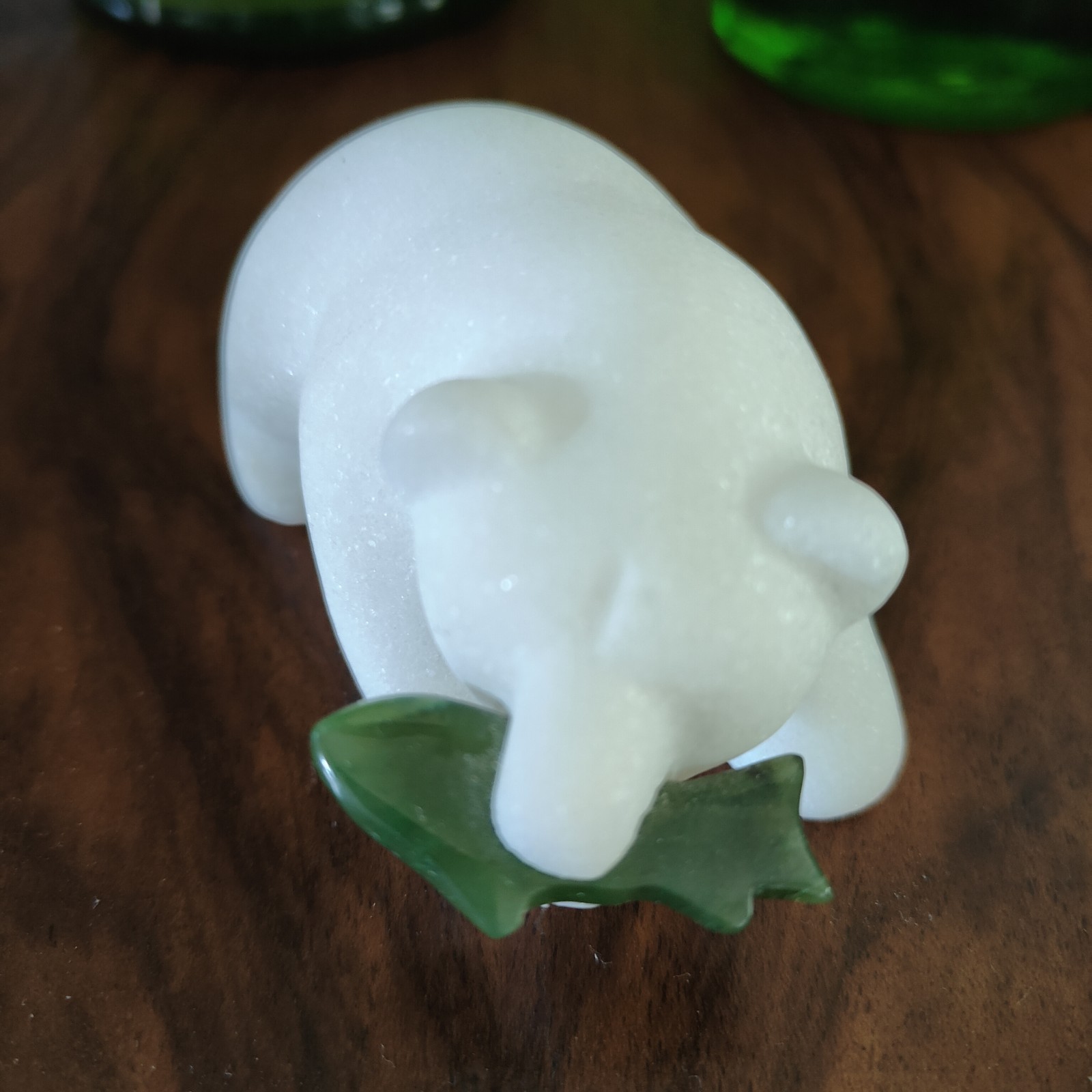 Hand Carved White Marble Polar Bear with Cassiar Green Jade Fish Figurine