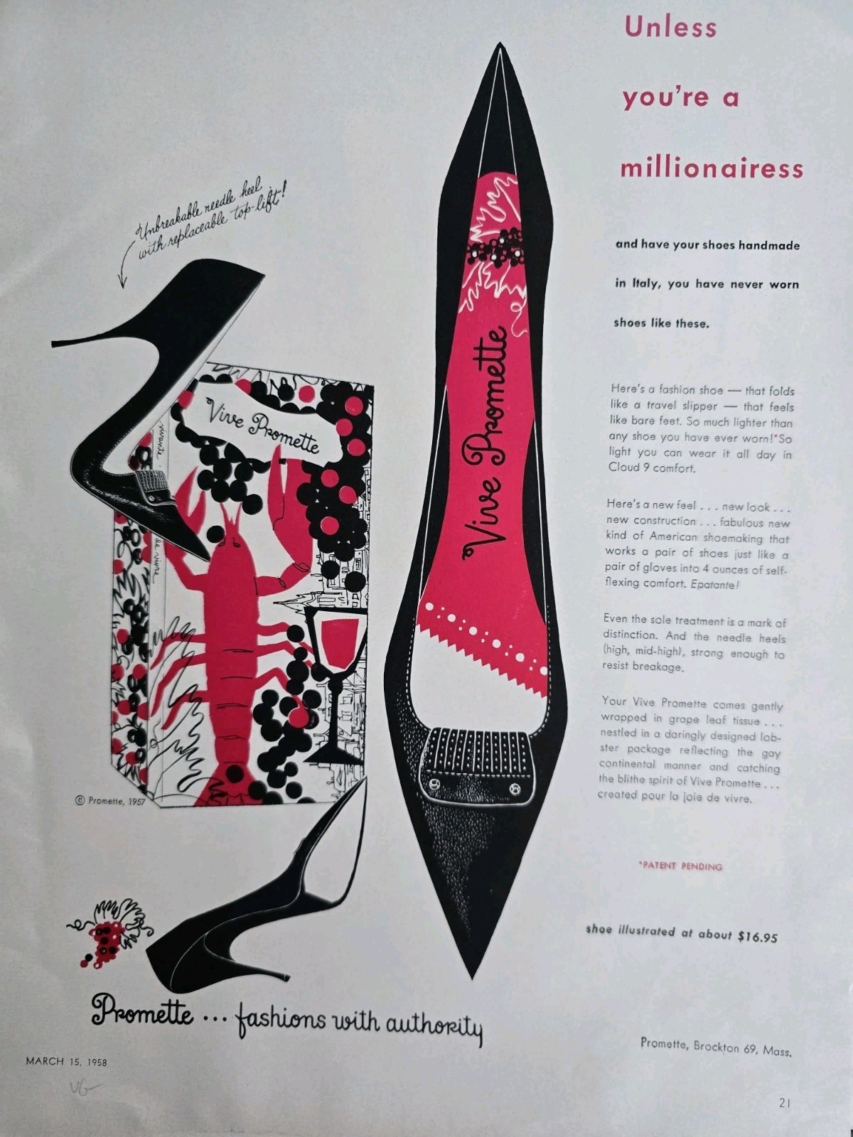 1958 Women\'s Vive Promette Shoes Shoebox lobster print Vintage Fashion art ad