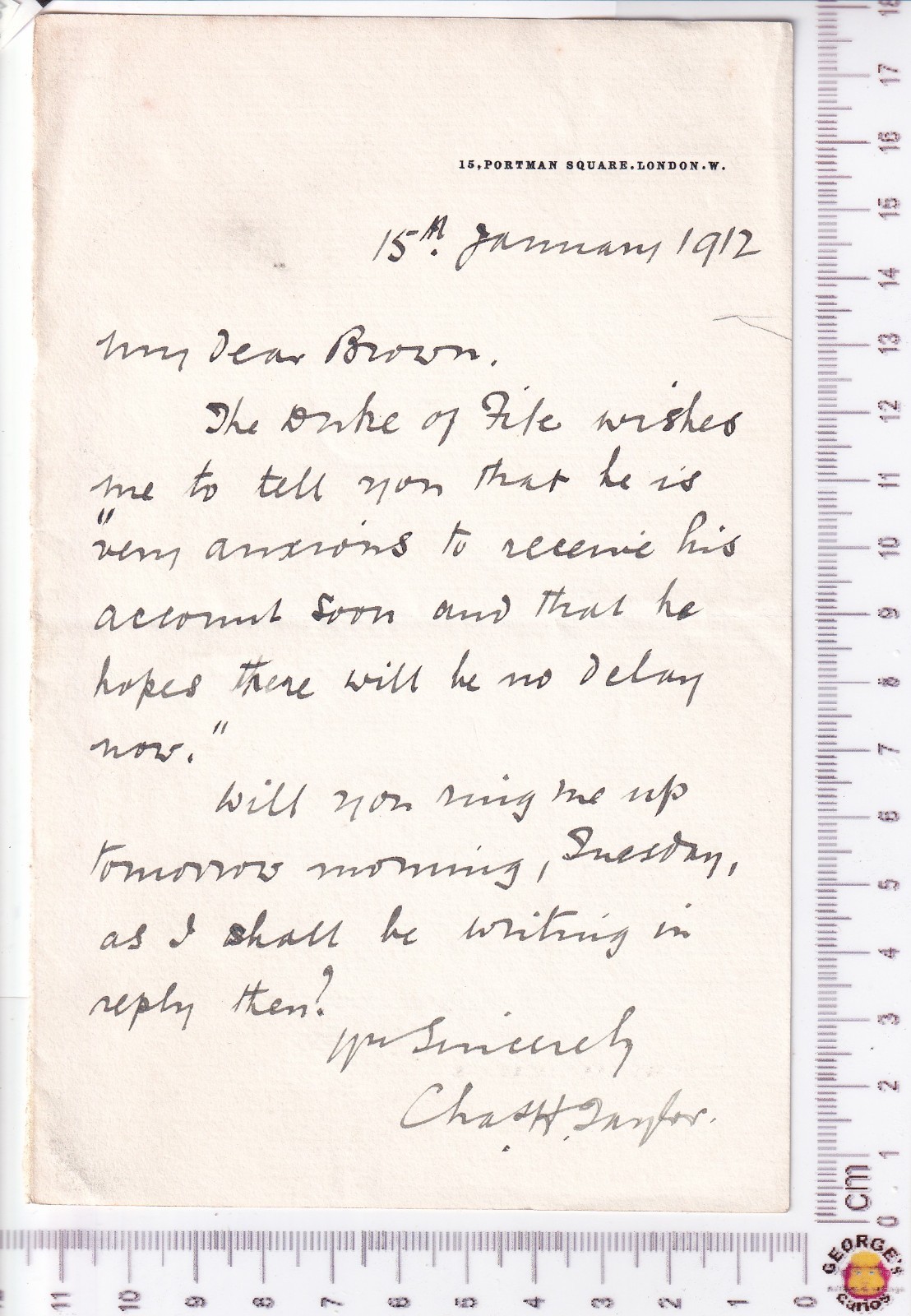 1912 Royal Household Letter Duke of Fife Acct Princess Louise 15 Portman Square
