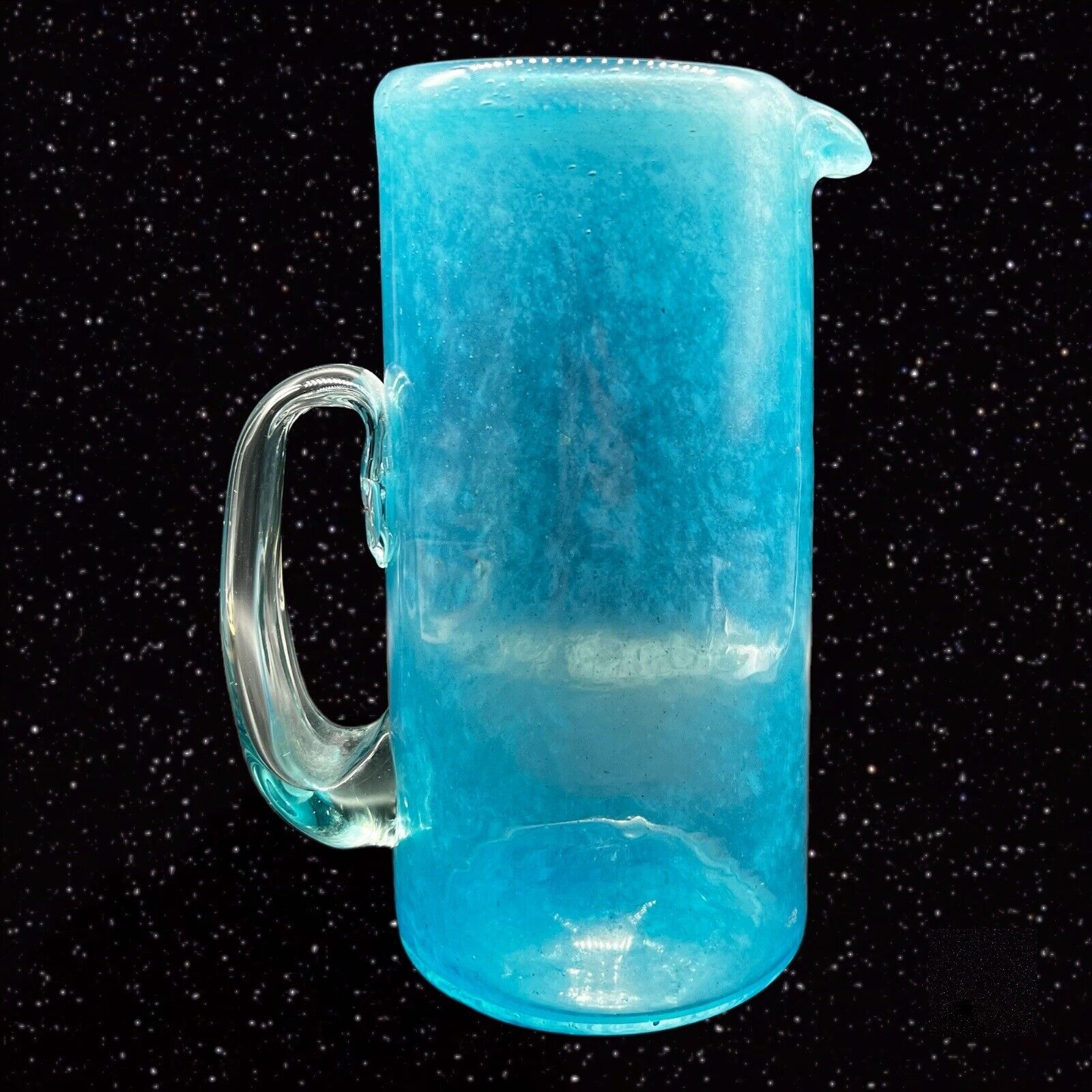 Art Glass Large Pitcher Hand Blown Blue w Clear Handle 9”T 5”W