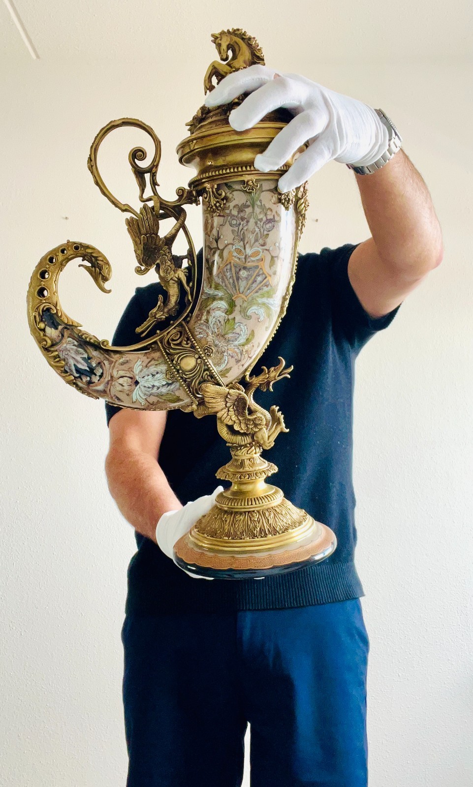 HUGE HEAVY 20.5 Inches A BRONZE MOUNTED PORCELAIN CORNUCOPIA HORN FIGURE ART