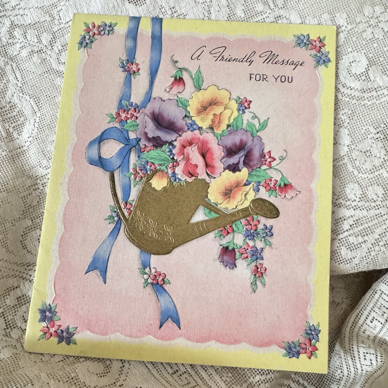 Vintage Friendship Greeting Card Gold Watering Can Flowers Friendly Message 