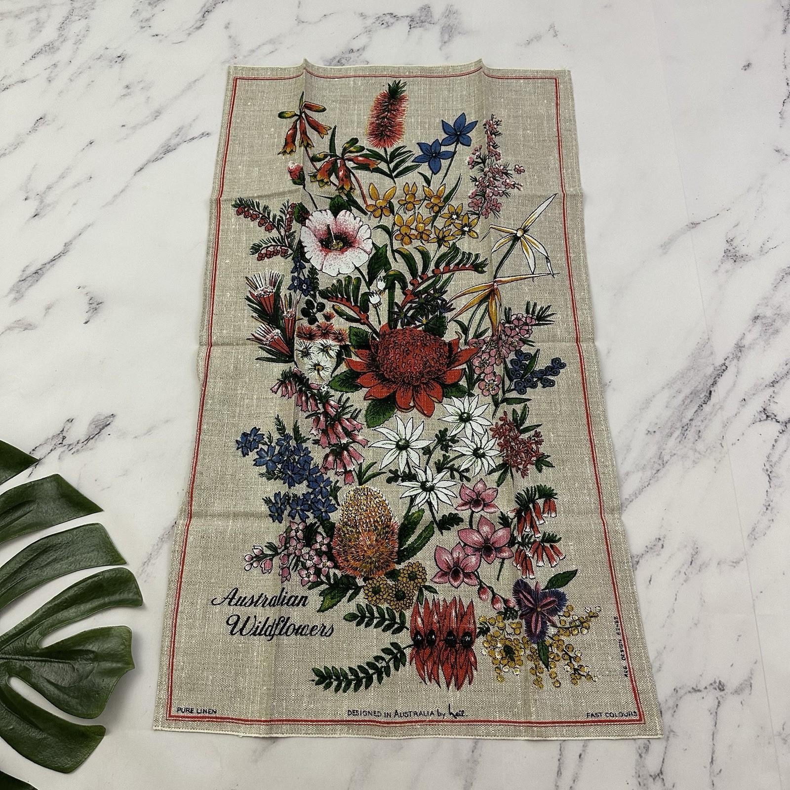 Vintage 70s Australian Wildflowers Linen Tea Towel New Red Pink Floral Souvenir