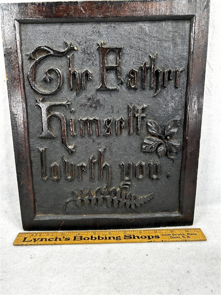 antique wall plaque carved Christian saying The Father Himself Loveth You 1800