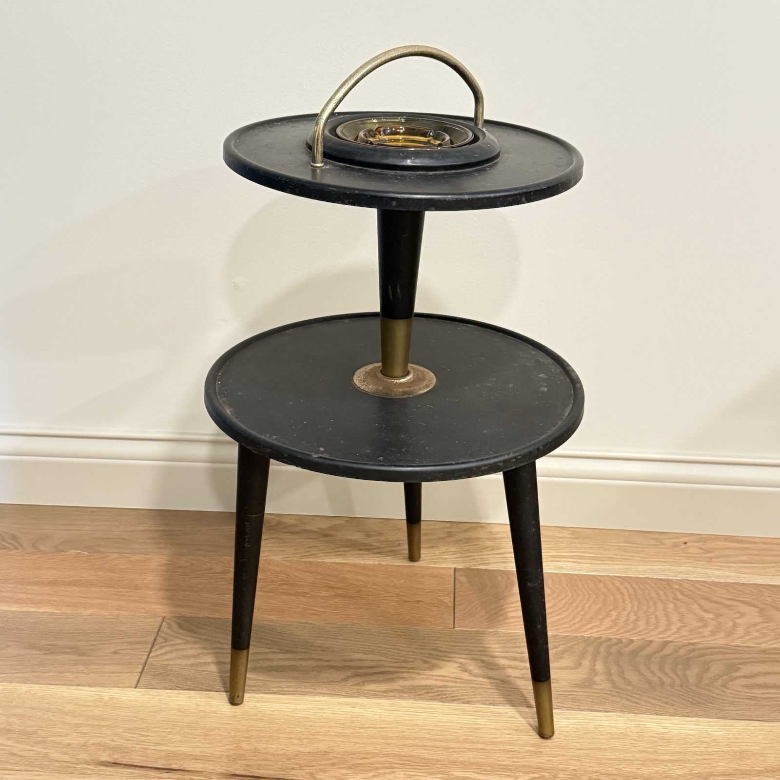 Vintage Mid Century Modern Metal Ashtray Stand Tiered Black Table Smoking Room
