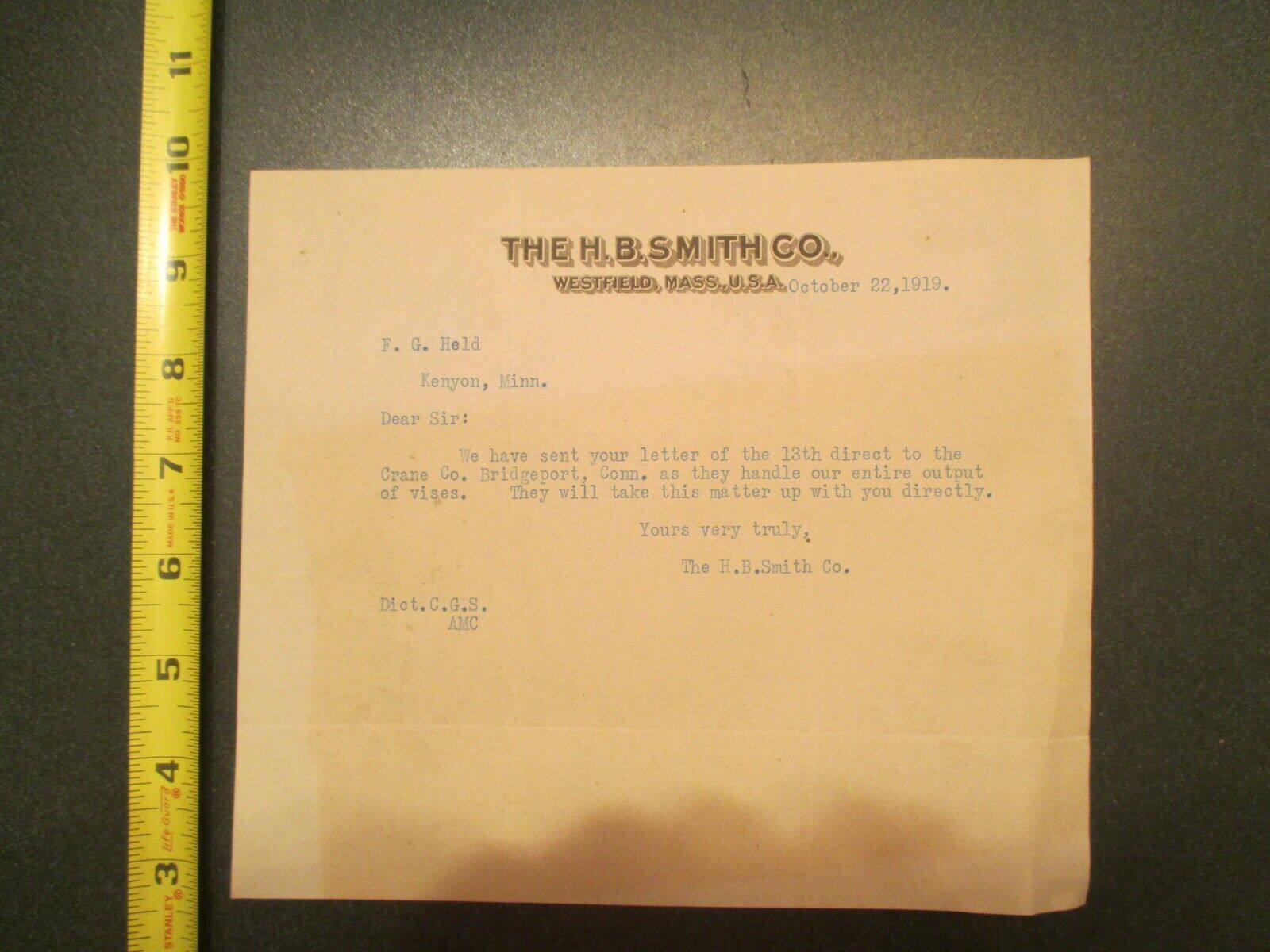 H B Smith Co westfield Massachusetts MA 1919 Invoice Letterhead 797