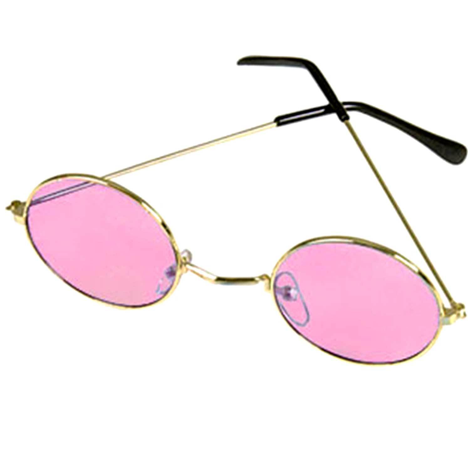 Groovy Hippie Funky Novelty ROUND COSTUME GLASSES Retro Lennon Gold Frames-PINK
