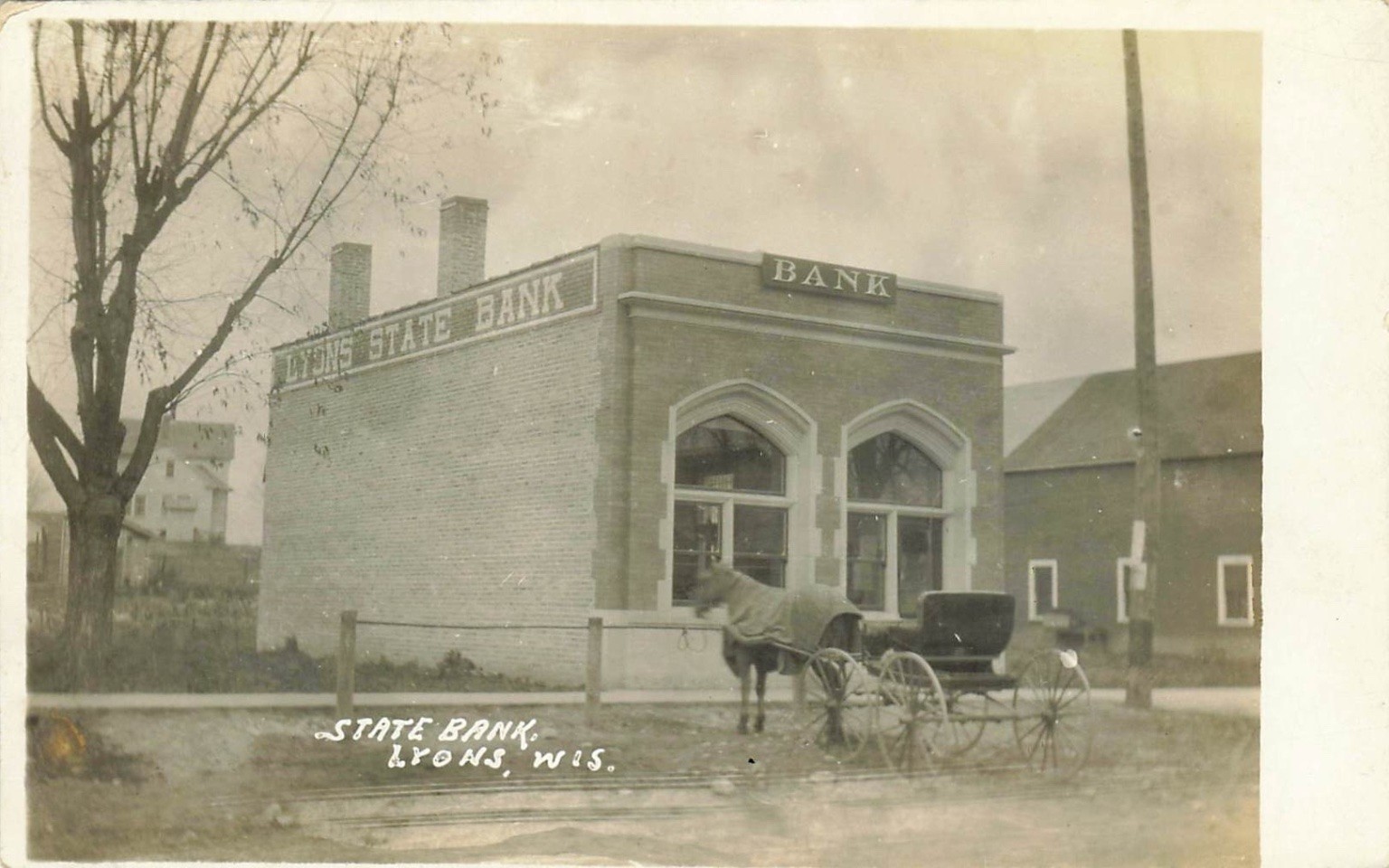 Lyons State Bank Wisconsin Rppc Horse & Carriage Vintage Real Photo Postcard