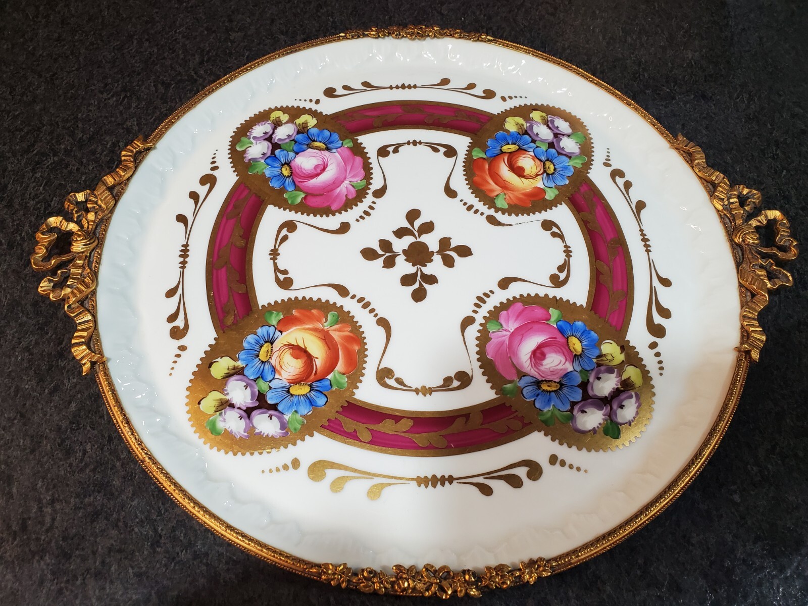 Superb Large Limoges Decor Main Genre Sevres Tray w Roses Gilt Bronze Mounts 13\