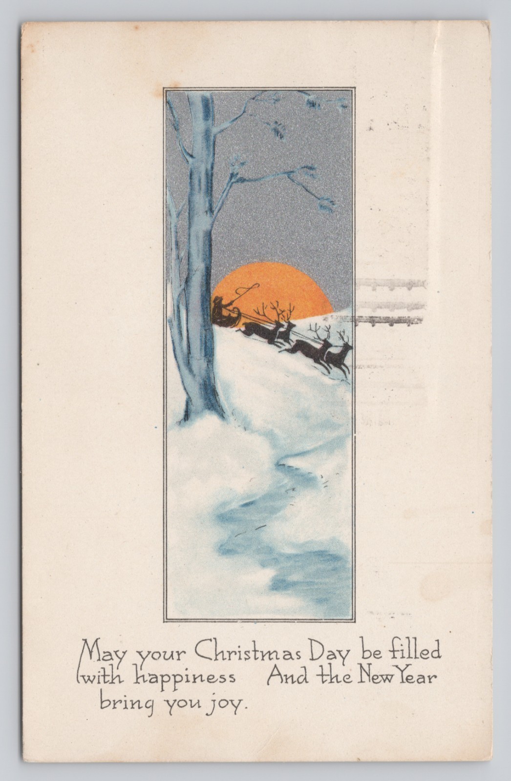Art Nouveau Santa Sleigh Sunset Silhouette 1917 Tied Christmas Seal Postcard