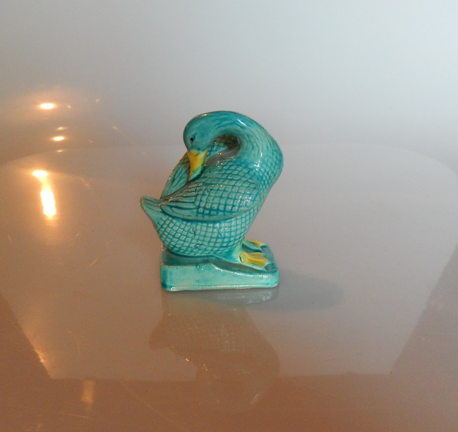 Japanese Turquoise Glaze Mud Duck Figurine Mid Century