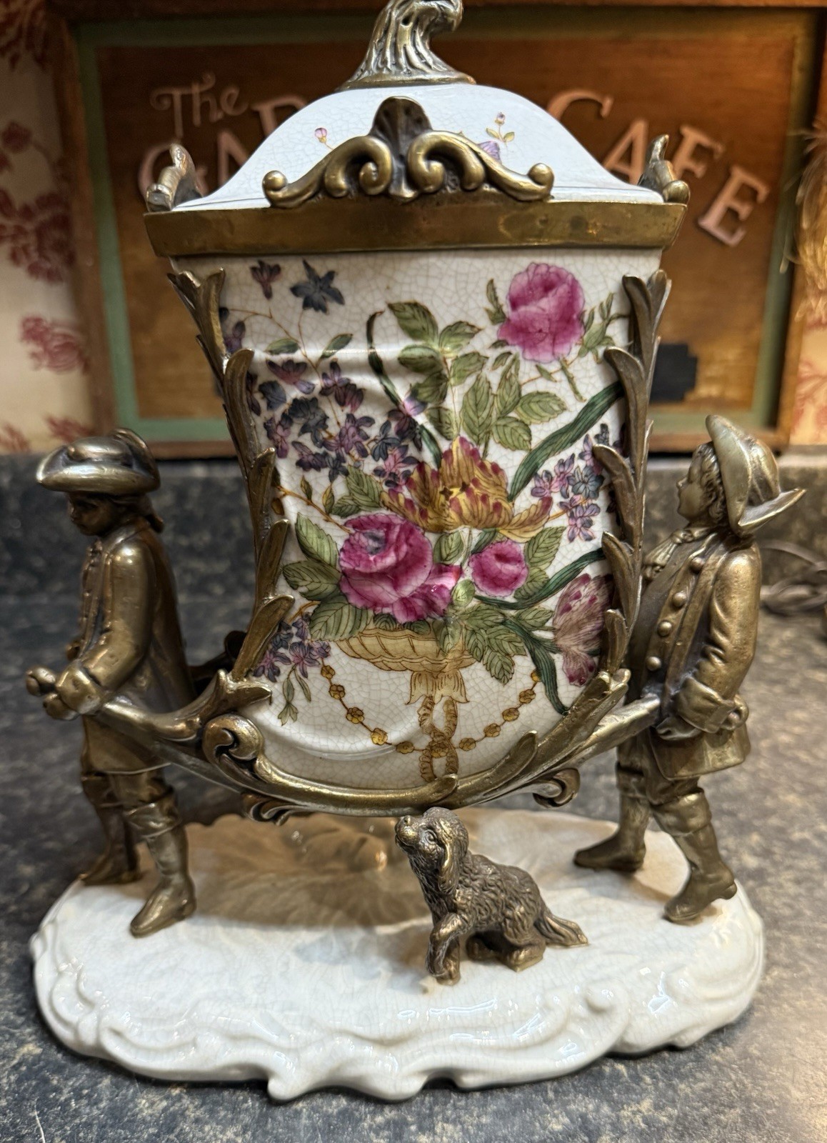 Rare Antique Porcelain Litter Box with Bronze Hunters & Dog - Art Nouveau Decor