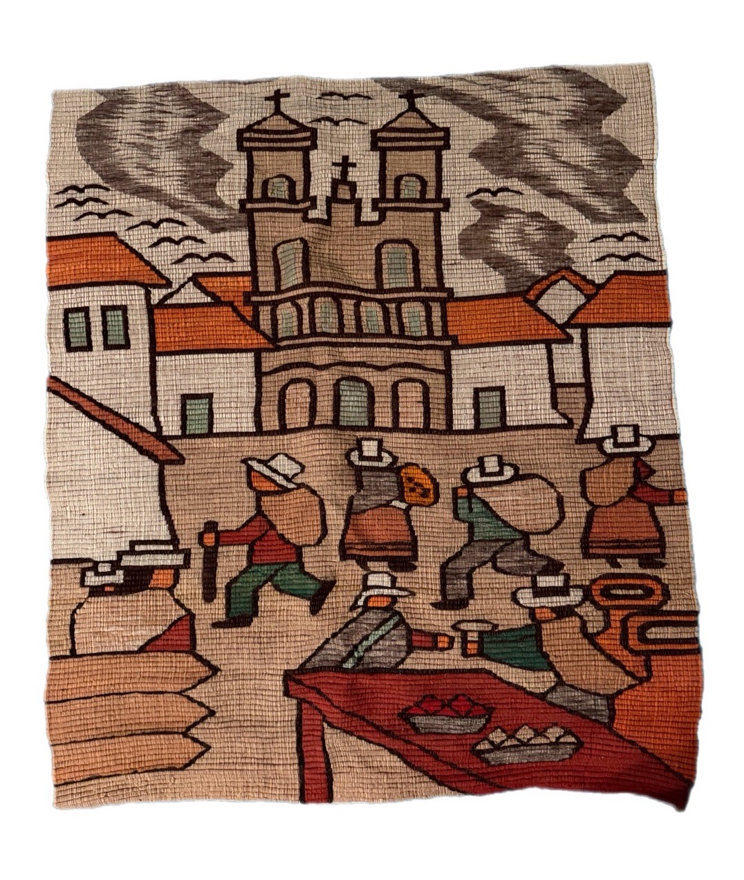 Vintage Andes Group Peru Wool Wall Tapestry 60x48 Andean Market Church Scene