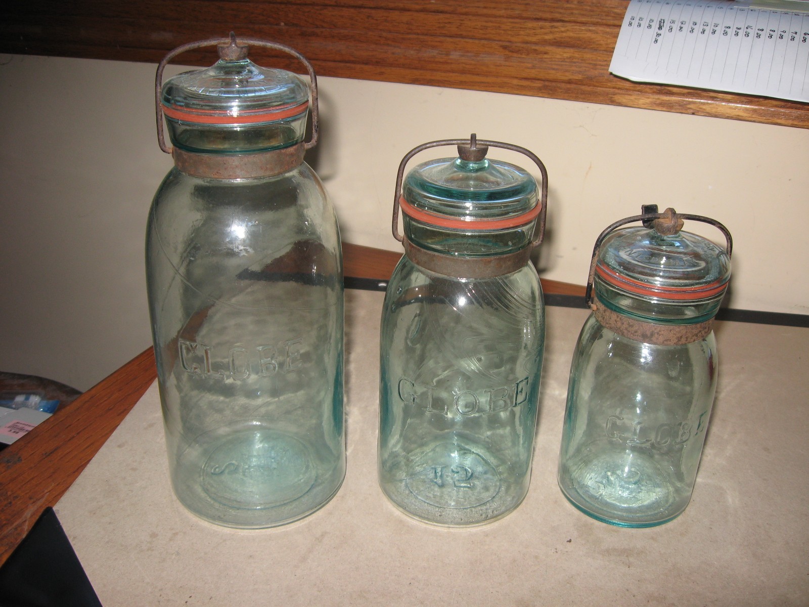 Set Of Three Antique Aqua Glass Globe Fruit Jars Half Gallon Quart Pint