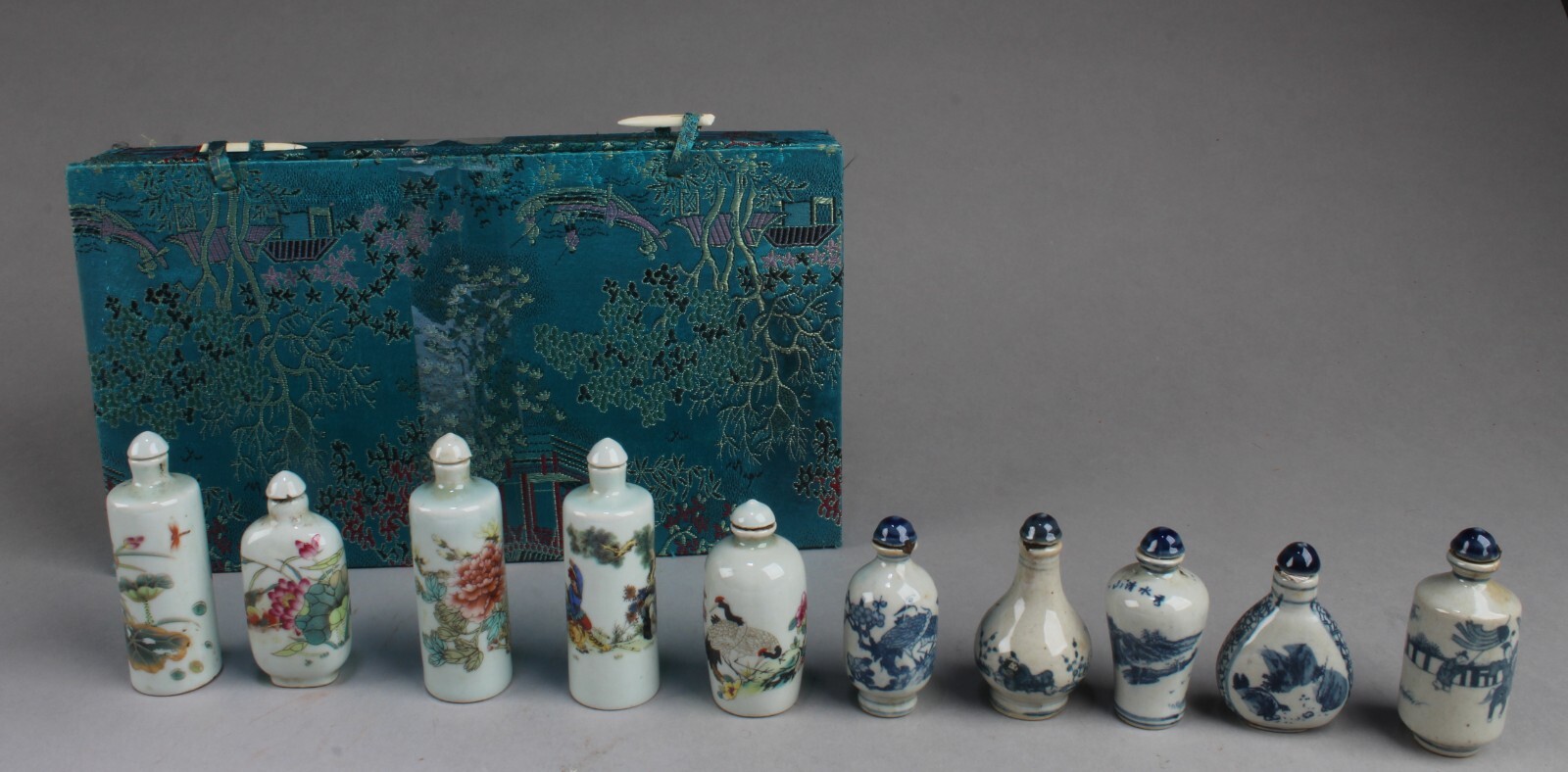 A Group of Ten Chinese Porcelain Snuff Bottles, Box included.