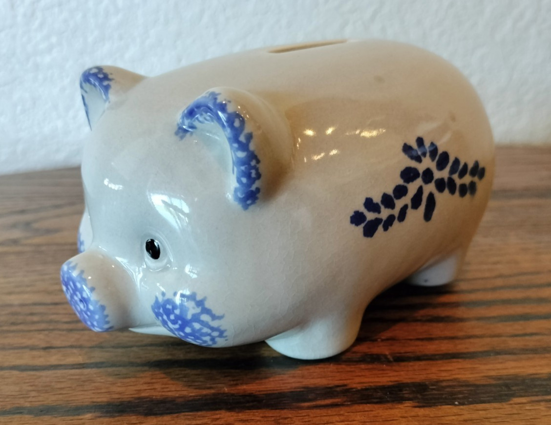 Vintage Blue Spongeware Ceramic Stoneware Piggy Bank / Coin Bank