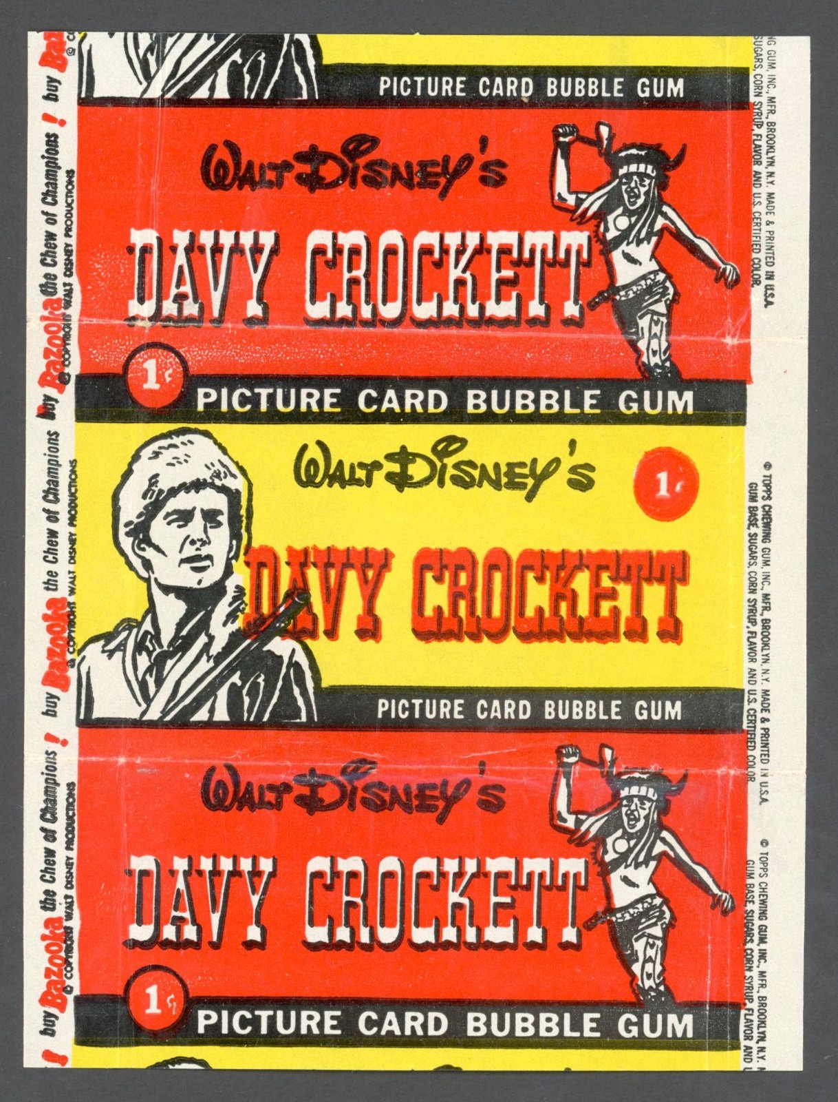 1956 Walt Disney Davy Crockett 1¢ Topps Wax Pack Wrapper Non-Sport MINT