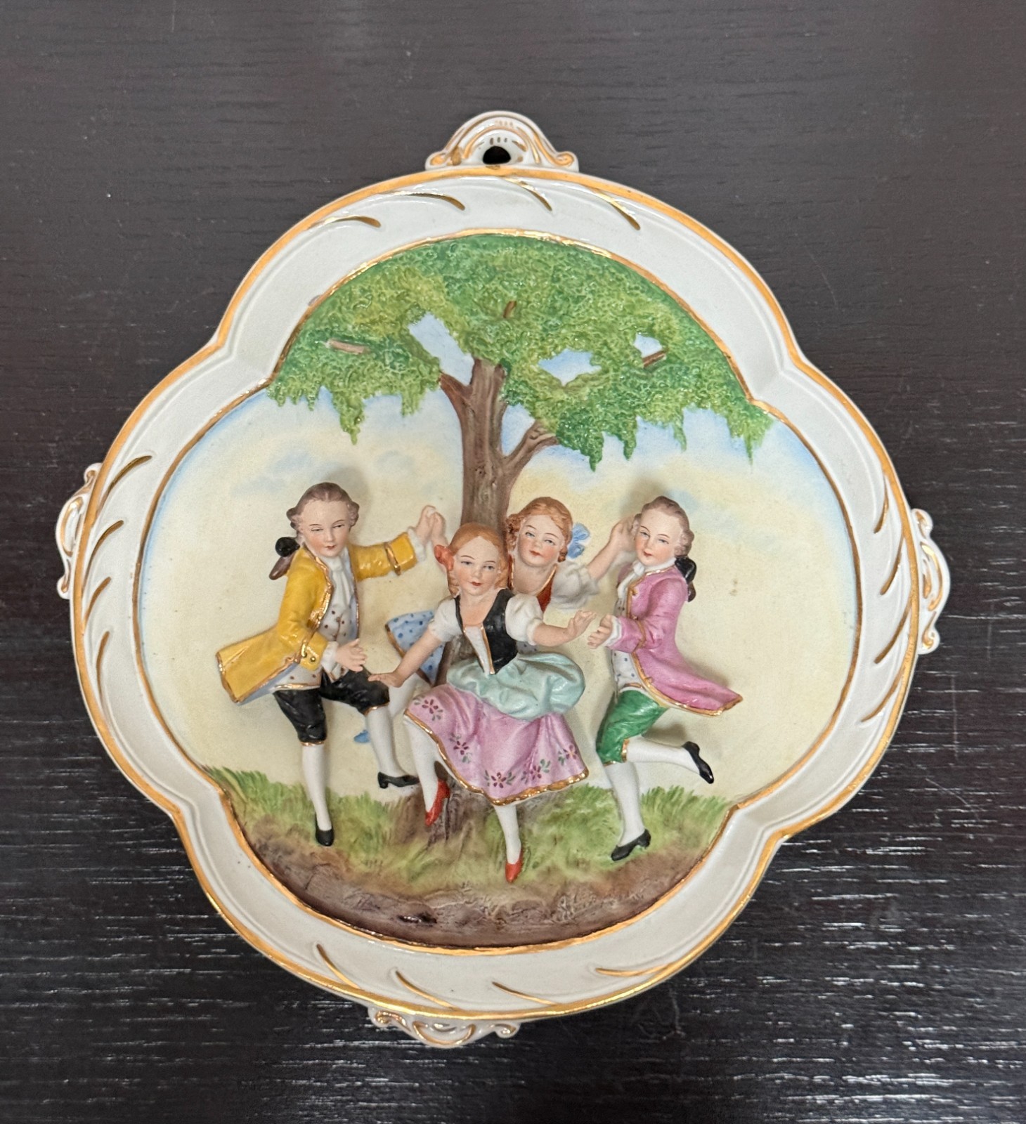  Vintage Sitzendorf Porcelain 3D Relief Wall Plaque Pastel Rococo Dancers 10\