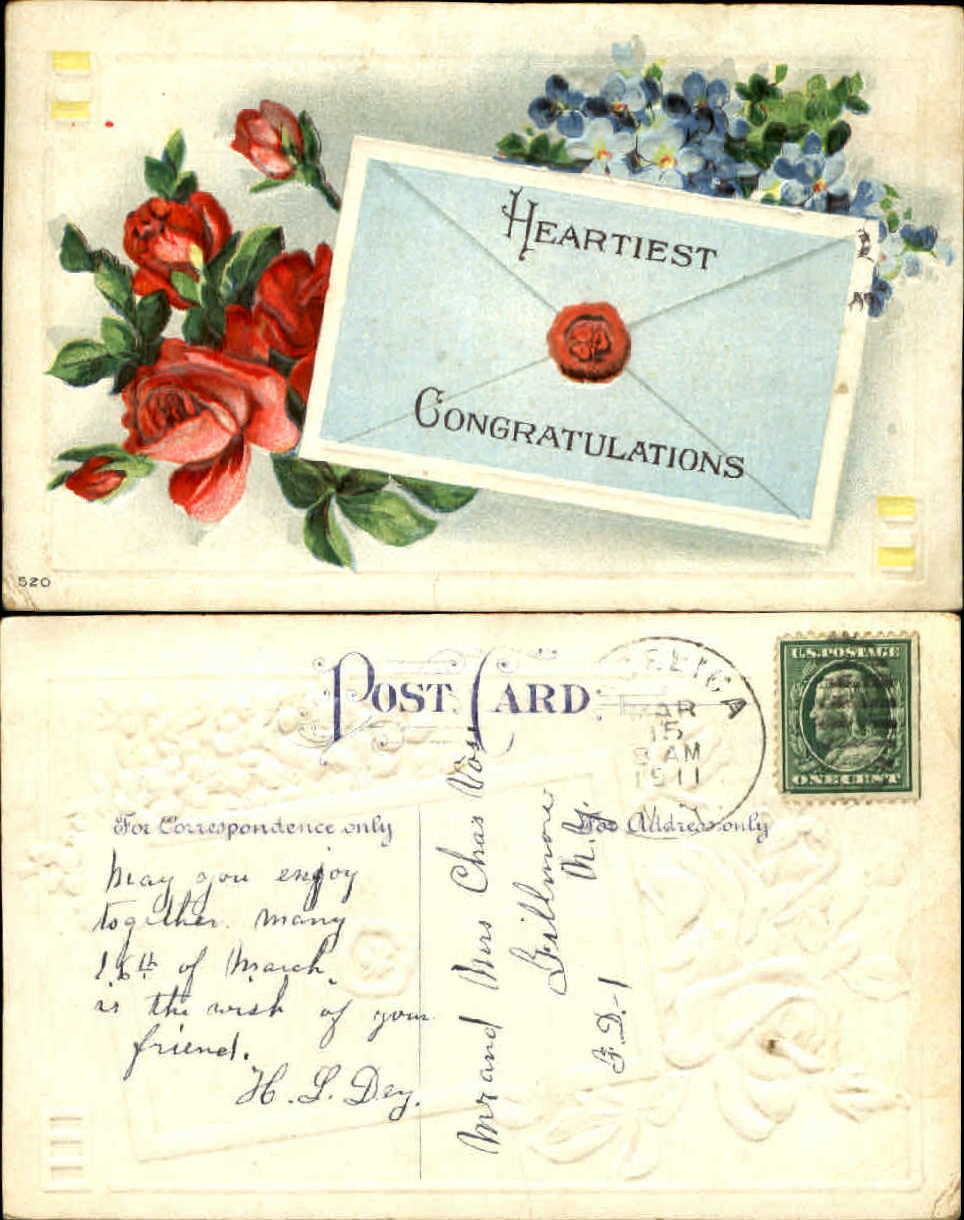 Heartiest Congratulations~ 1911 to CHARLES VOSS Gilmore NY Heartiest Congratulations~ 1911 to CHARLES VOSS Gilmore NY