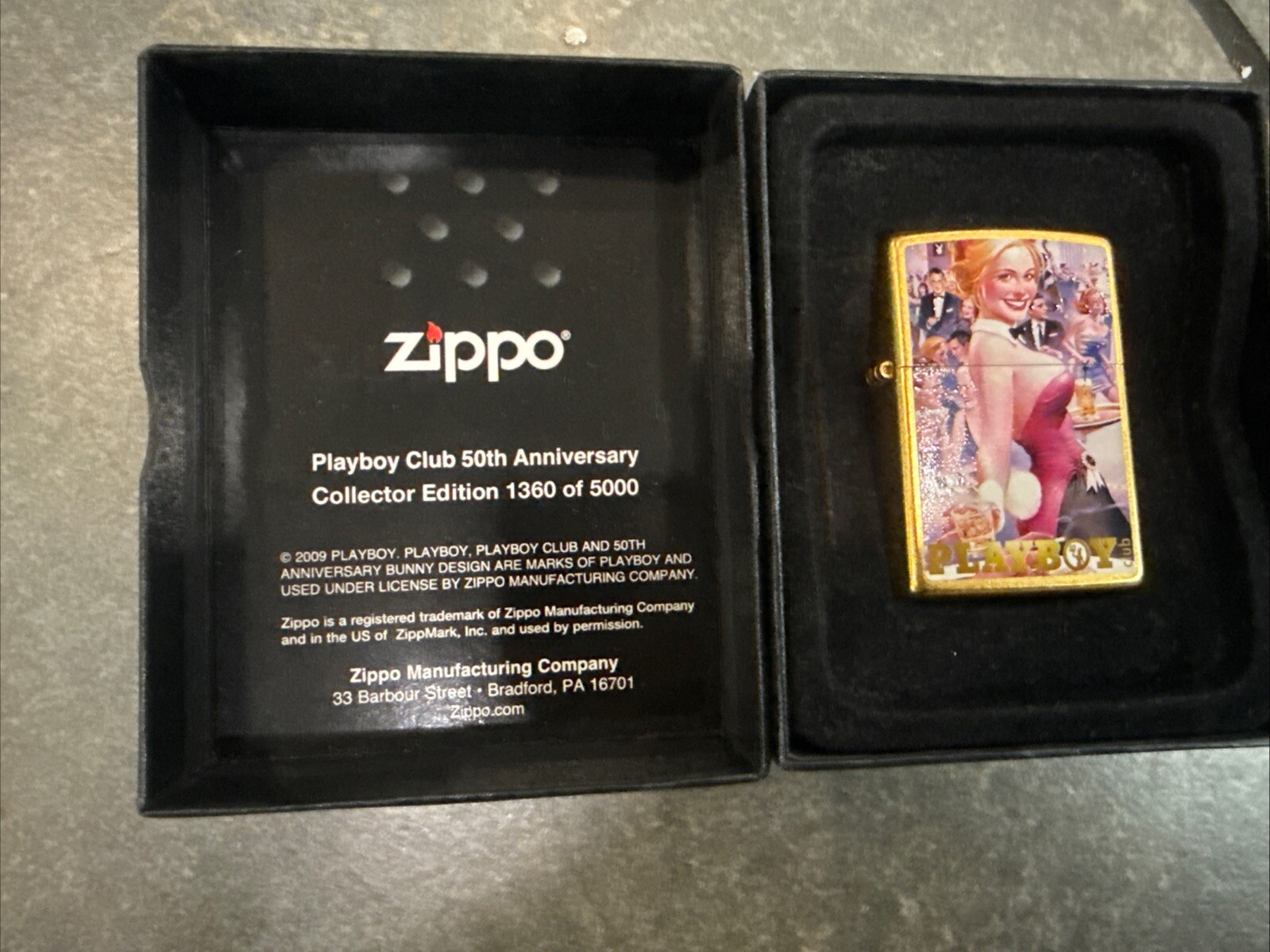 Playboy Club 50th Anniversary Limited 1360/5000 Zippo Oil Lighter 2009 MIB Gold
