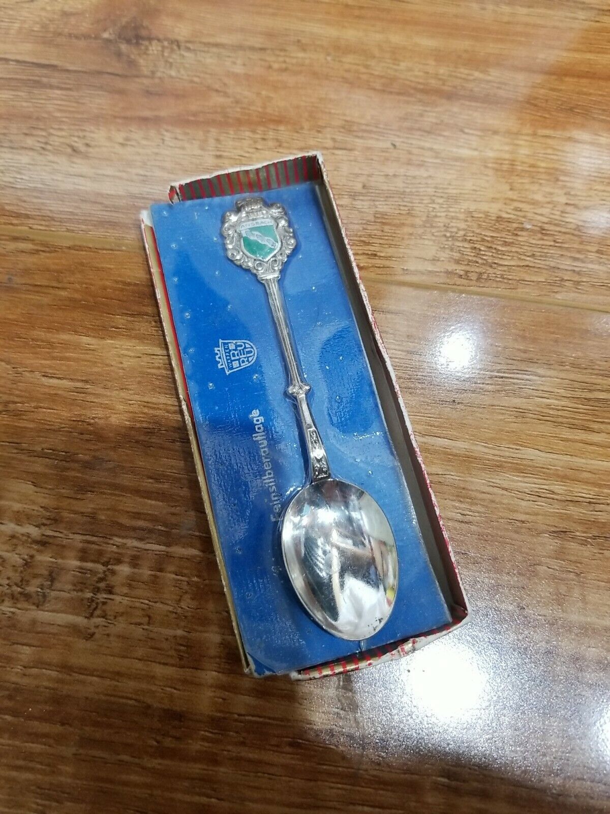 #R)Vintage Ansbach Blue 3 Fish Coat of Arms Enameled Collector Spoon Green White