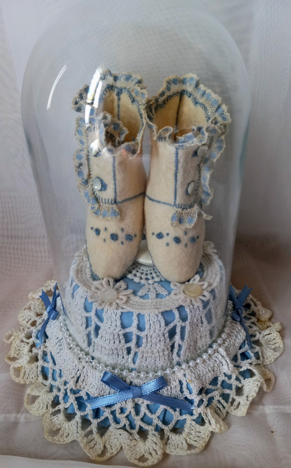 Vintage Felt Cloth Baby Booties/Shoes In Glass Dome