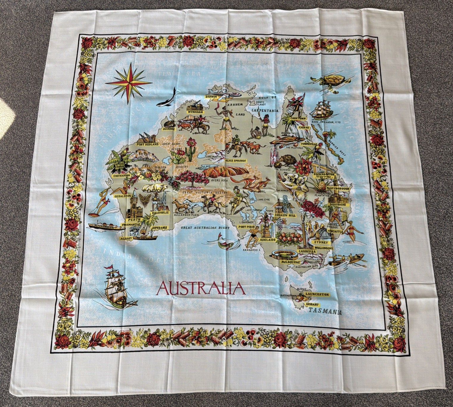 Vintage Australia Pictorial Map Souvenir Tablecloth Floral Australiana Wall Art