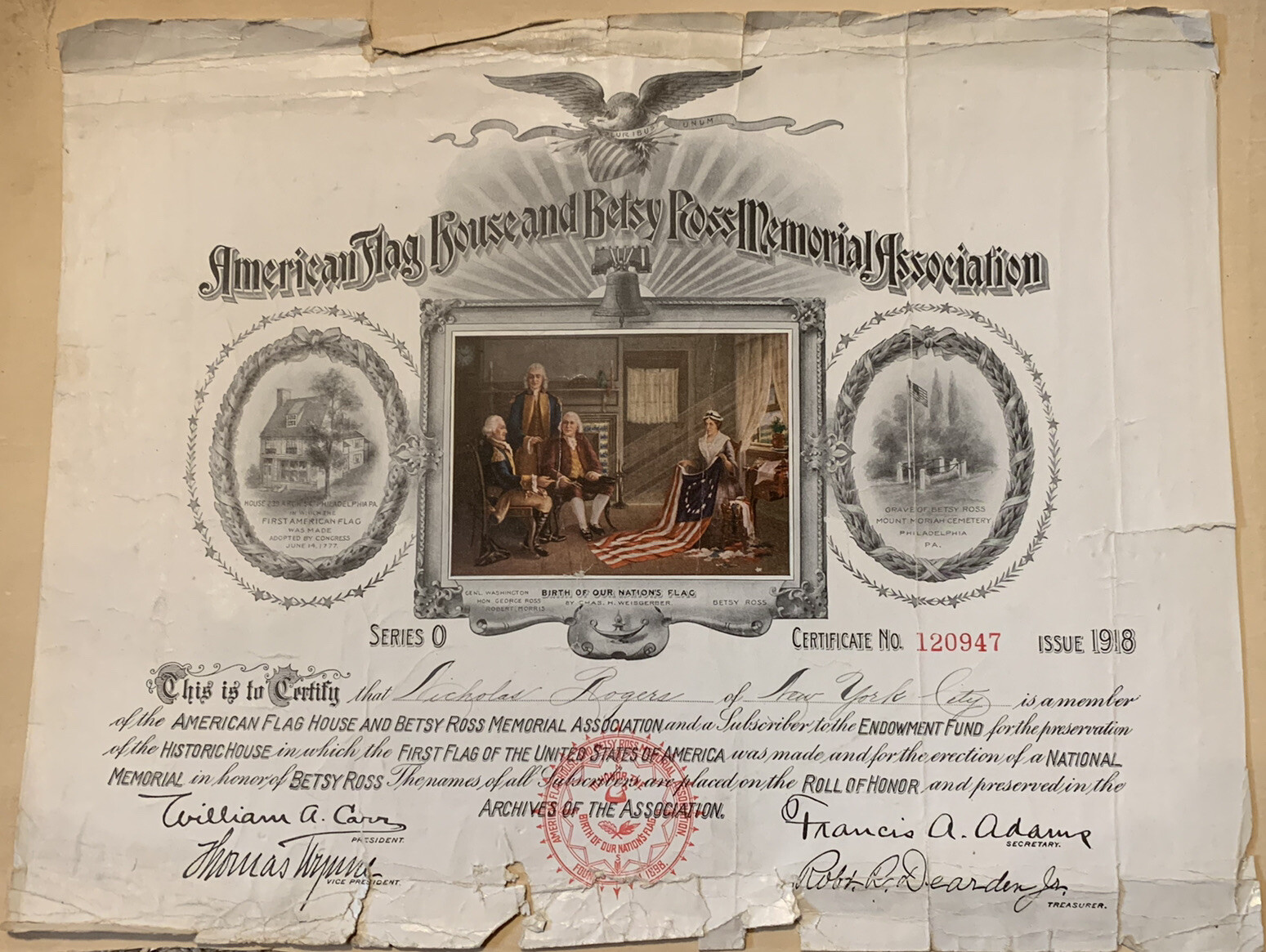 1918 MEMBER OF AMERICAN FLAG BETSY ROSS MEMORIAL ASSOCIATION CERTIFICATE