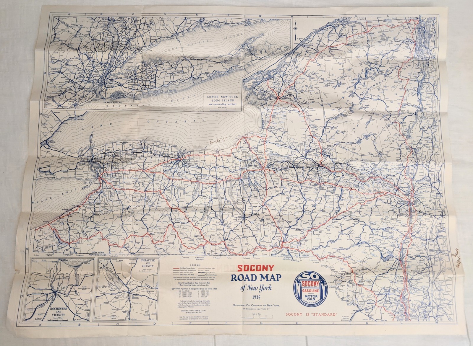 Antique 1925 Socony New York Road Map Standard Oil Gasoline Motor Oil Auto