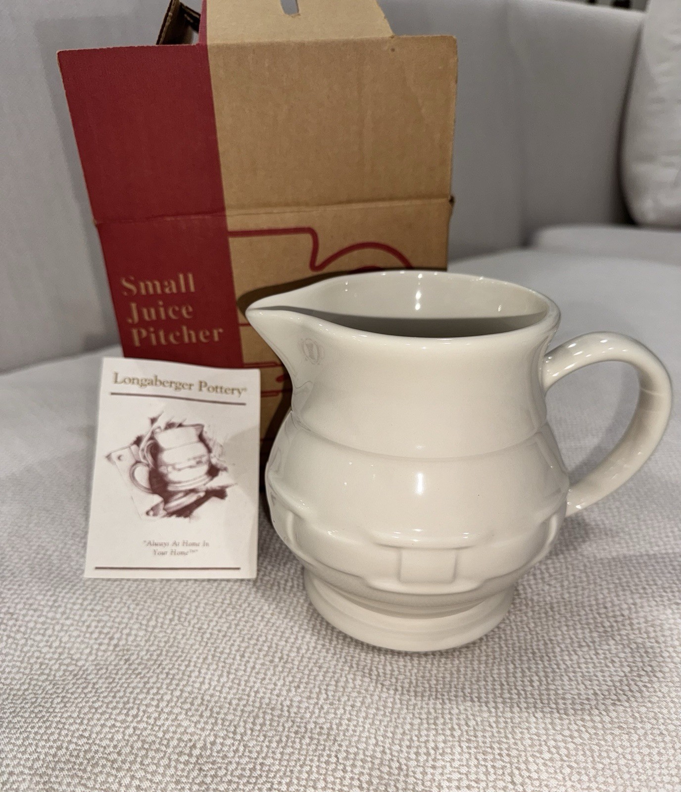 Longaberger Pottery Small Juice Pitcher 1 Qt Ivory Woven Traditions w/ Box