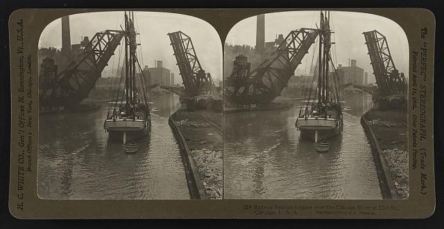 Railway bascule bridges over the Chicago River at 12th St., Chicago, U. S. A.