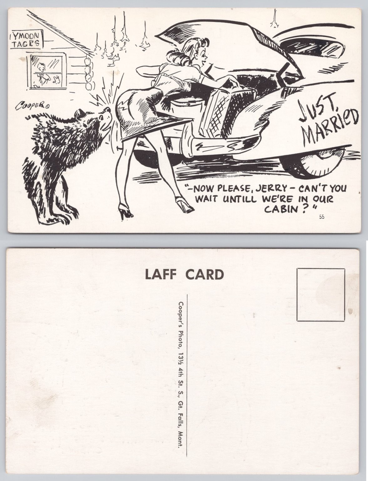 Vintage 1955 Humorous Postcard Just Married Bear Honeymoon Laff Card Cartoon