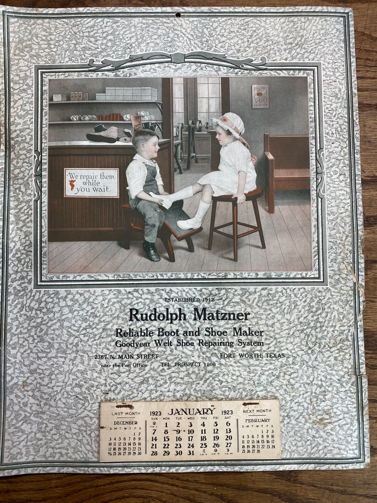 Vintage 1923 Calendar BOOT & SHOE MAKER Fort Worth Texas ~ Goodyear  Advertising