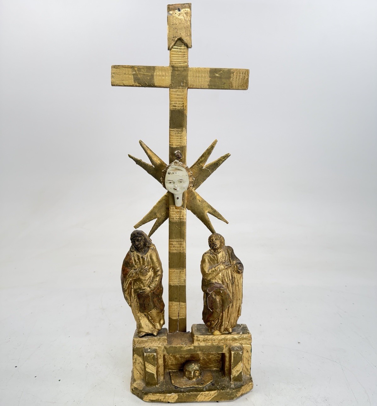 Antique 18-19th Century Gold Gilded Crucifix W Two Saints For Restoration 17.5”