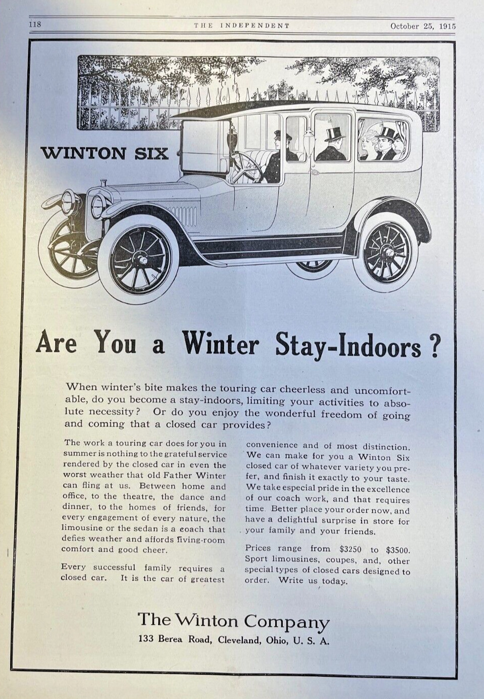 1915 Vintage Magazine Advertisement Winton Six Automobile