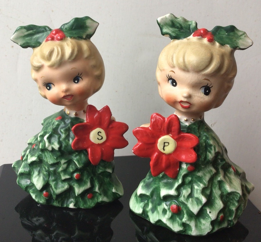 Christmas Holt Howard Salt N Pepper Shakers Poinsettia Girls Holly Berries