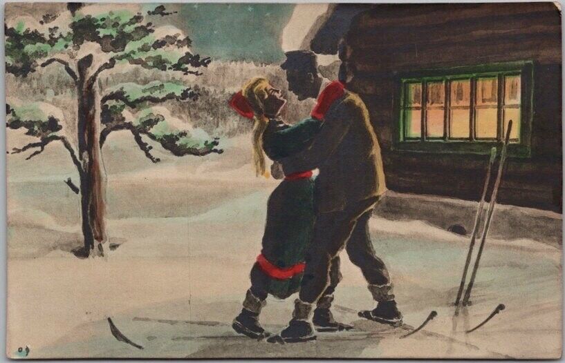 c1910s European SKIING Greetings Postcard Couple on Skis / Cabin - HAND-COLORED