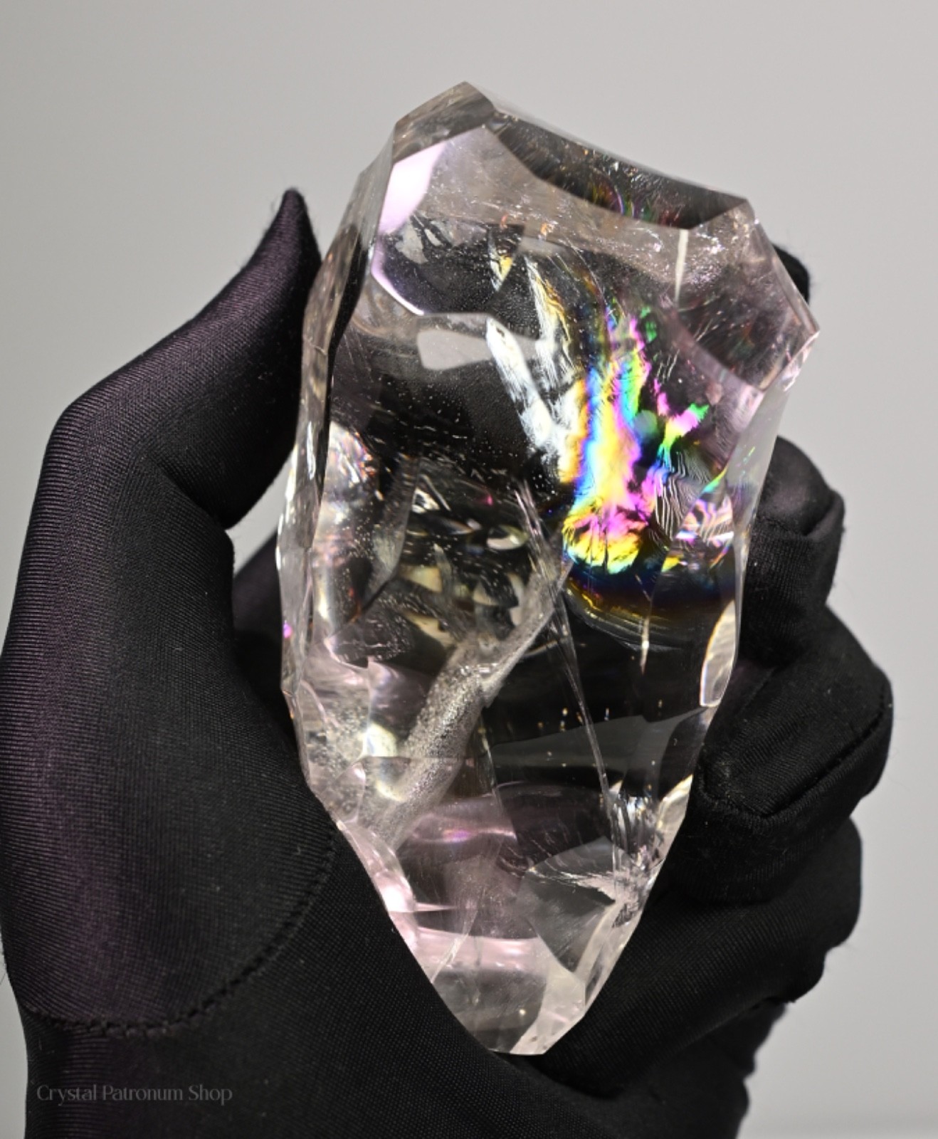 Natural Clear Quartz Crystal Freeform Large Rainbow Inclusion w/ Display Stand