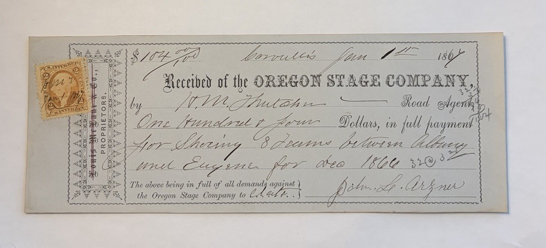 JA41 Rare 1867 Civil War Corvallis Oregon Stage Company Voucher John L. Arpner
