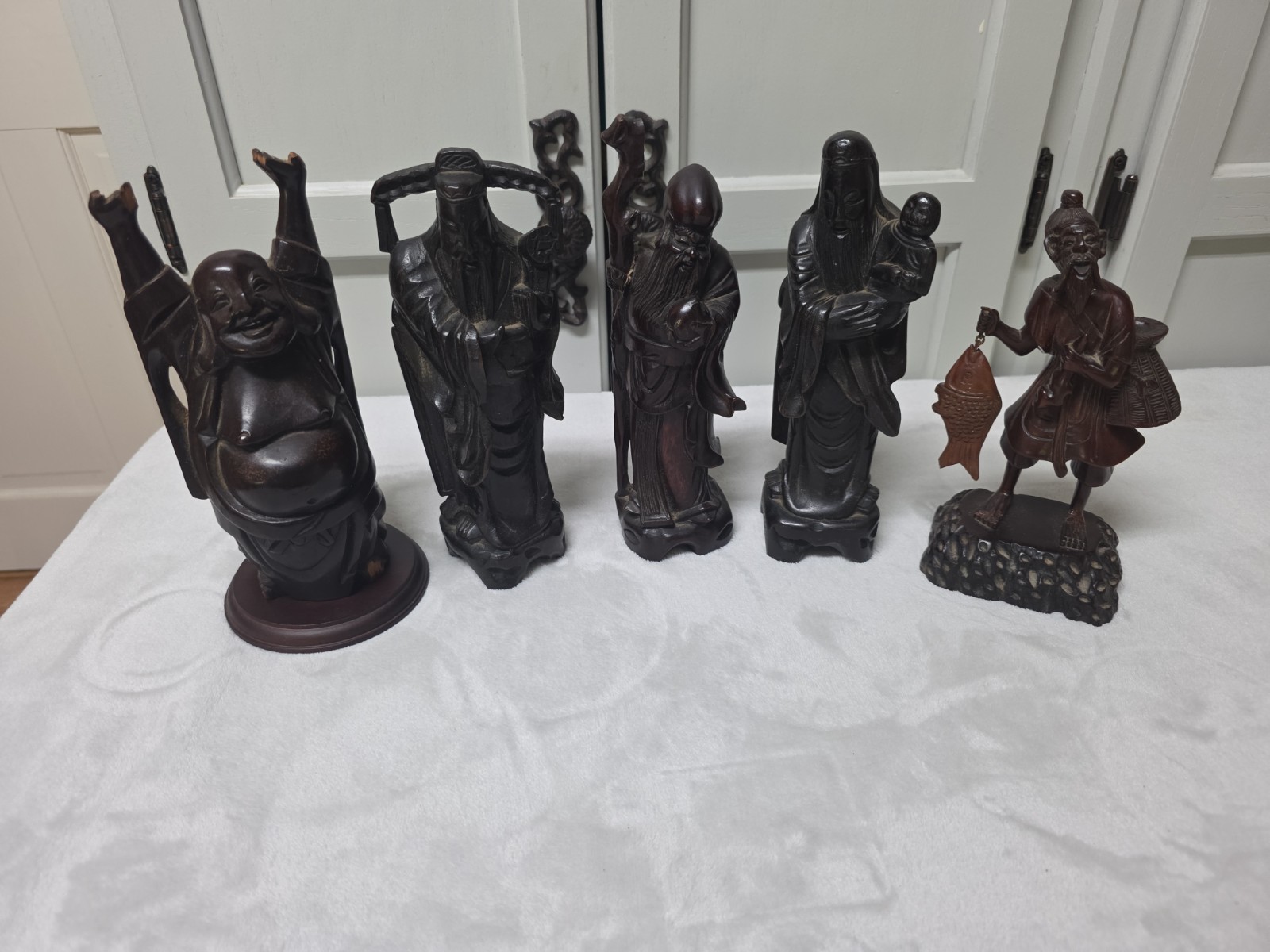 Set of FIVE (5) VINTAGE CHINESE Statues Figures Immortal Gods Handcarved Wood 