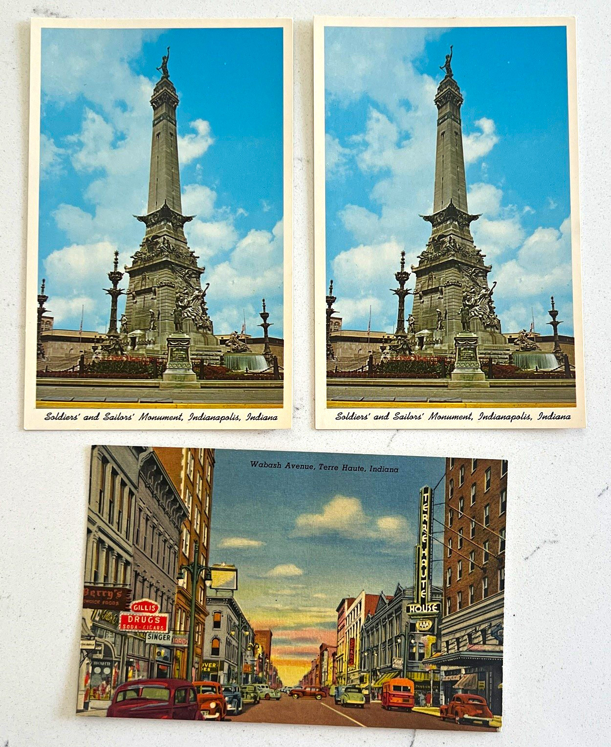 Curt Teich Postcard Lot 3 Indiana Monument & Terre Haute St | Unposted