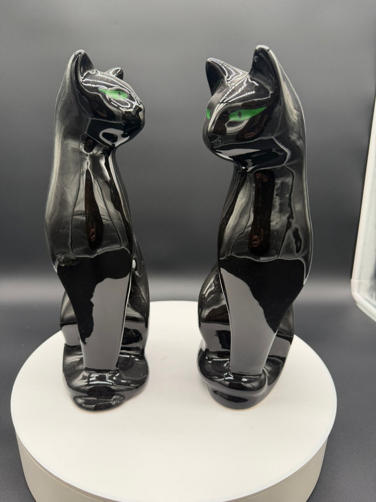 Pair Vintage MCM Black Ceramic Cats Green Eyes Made in Brazil 12