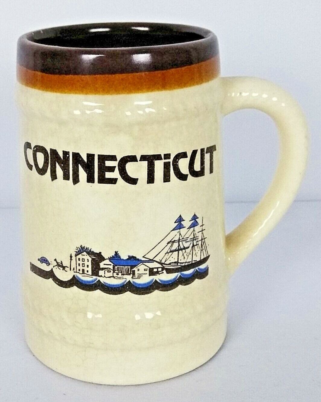 Connecticut Ceramic Collectible Mug With Harbor Sailing Vessel Scene Tourist 