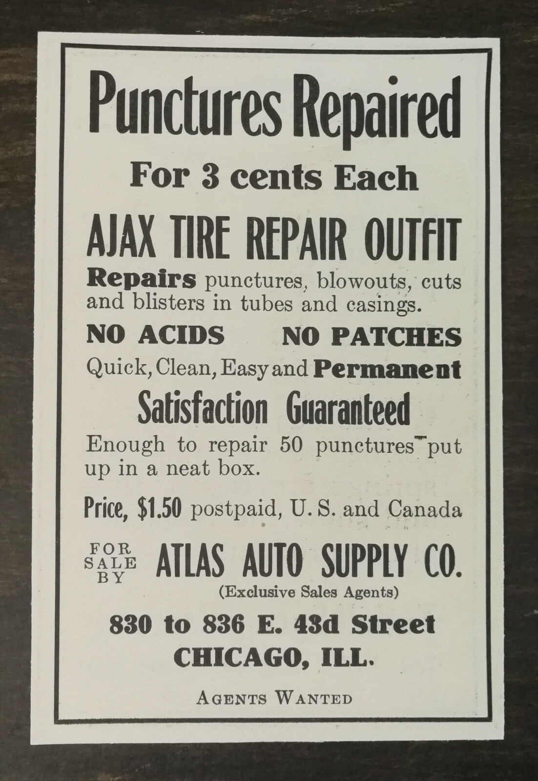 Vintage 1910 Ajax Tire Repair Outfit Atlas Auto Supply Company Original Ad 1221