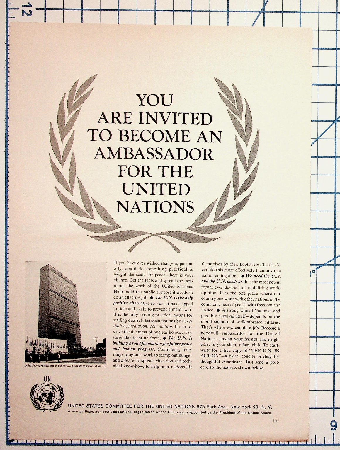 Vintage 1950s UN Advertisement United Nations New York Ephemera Magazine Page
